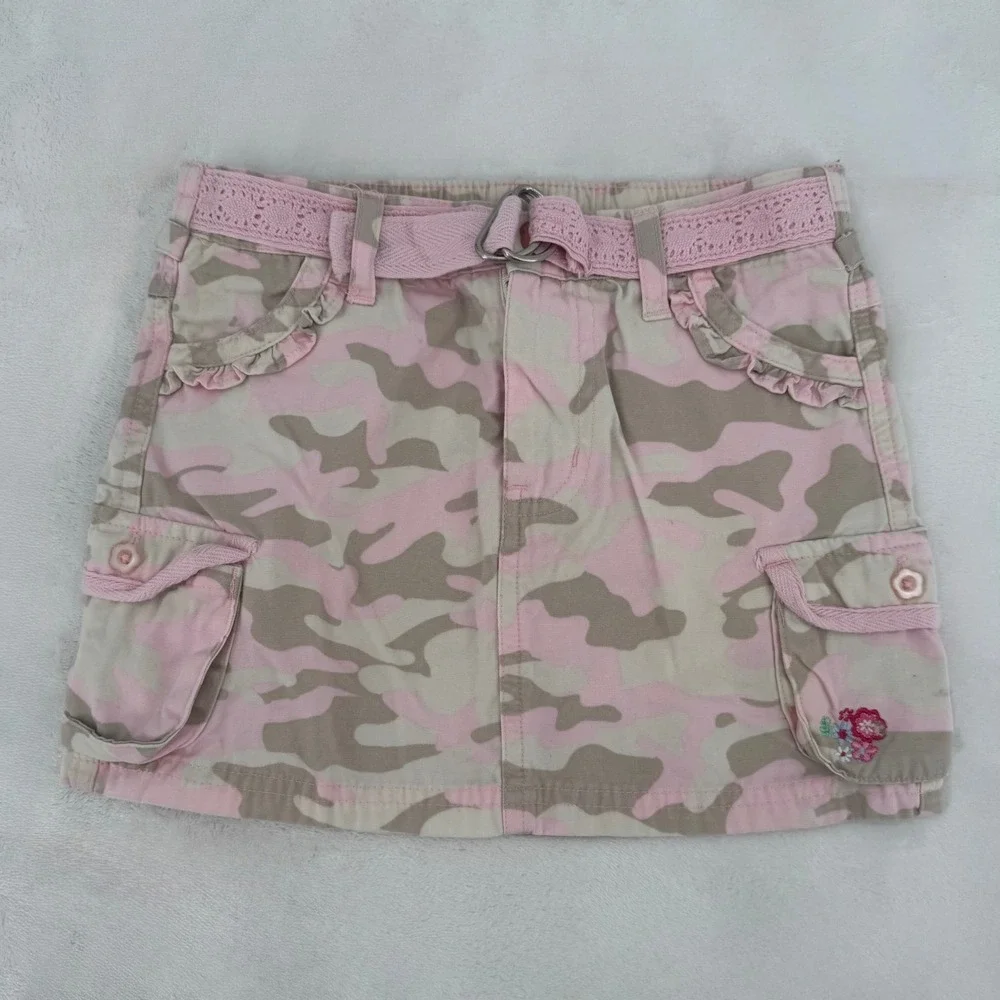 Wonder Kids Girls Pink Camo Cargo Skirt Size 4T 2000s Y2K Ruffle Floral Belted